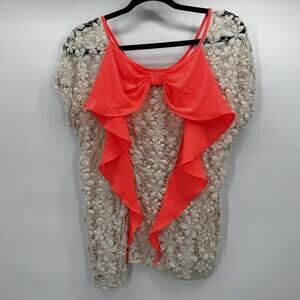 Daytrip Top Shirt Womens Small Cream Crochet Back Salmon Bright Bow
